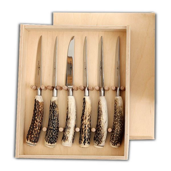 Set 6 coltelli con vero corno di cervo. caccia. 17360206