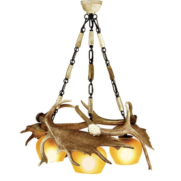 Lampadario con vere corna di daino. Luci: 3xE27 M: 55x55x60cm 1528