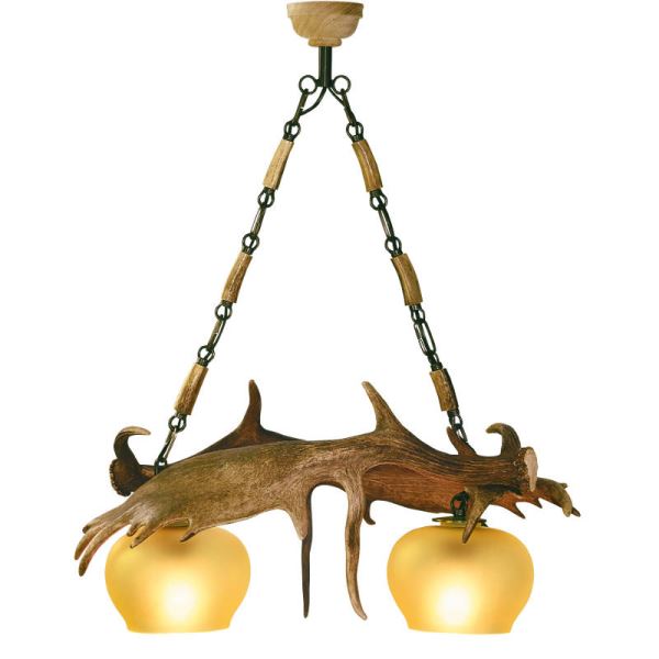 Lampadario con vere corna di daino. Luci: 2xE27 M: 75x35x65cm 1505