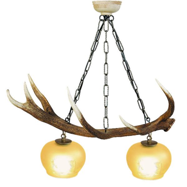 Lampadario con vere corna di cervo. Luci: 2xE27 M: 60x25x60cm 150701