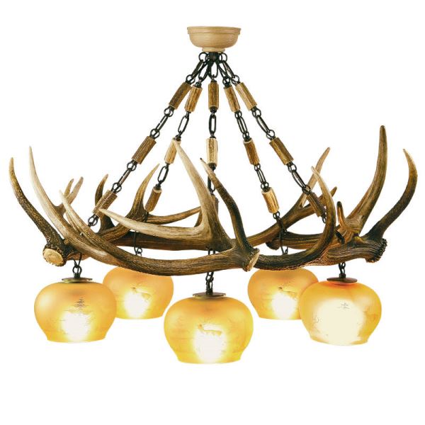Lampadario con vere corna di cervo. Luci: 5xE27 M: 85x85x85cm 1527