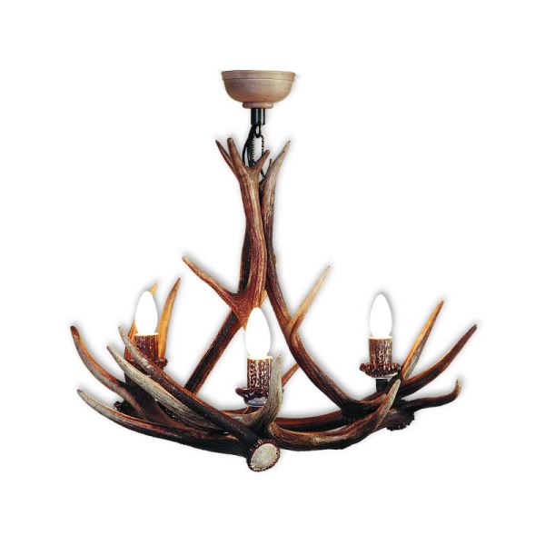 Lampadario con vere corna di cervo. Luci: 3xE14 M: 60x60x70cm 1543