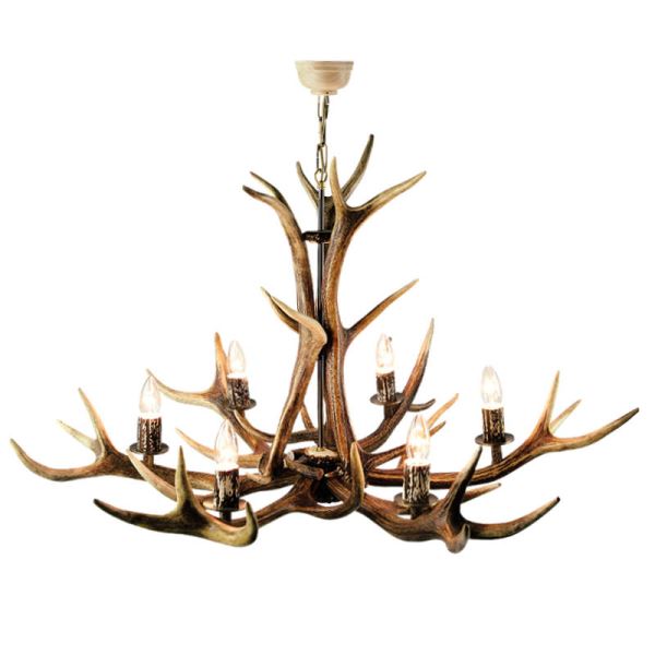 Lampadario con vere corna di cervo. Luci: 6xE14 M: 95x95x90cm 1542