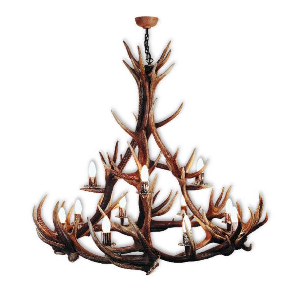 Lampadario con vere corna di cervo. Luci: 12xE14 M: 130x130x140cm 1570
