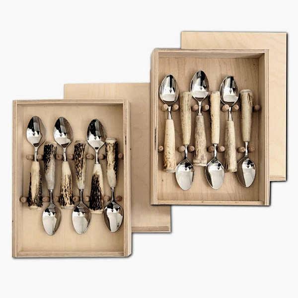 Set 6 cucchiai dessert con vero corno di cervo. caccia. 173403