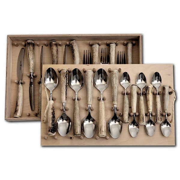 Set 24 pezzi posate tavola con vero corno di cervo. 173602