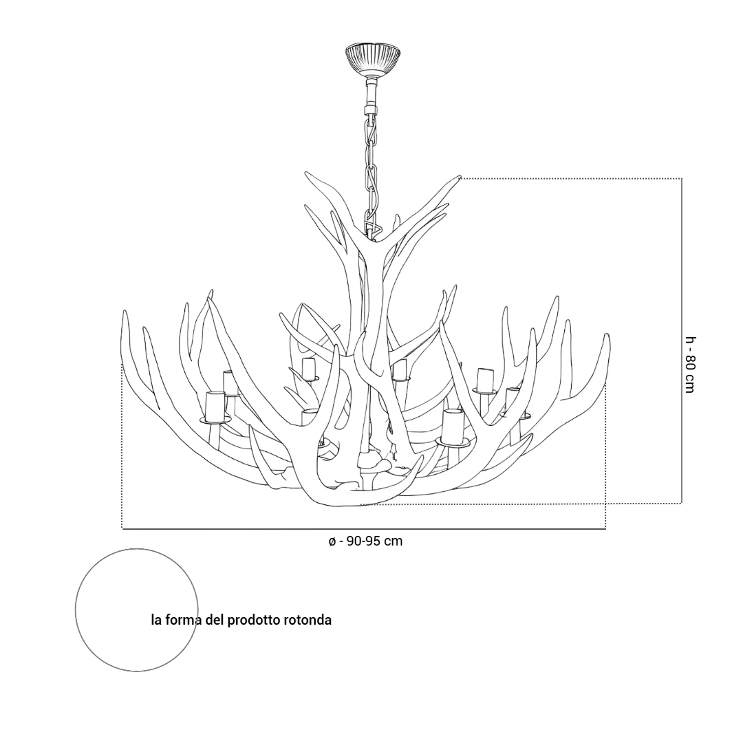 Lampadario con vere corna di cervo. Luci: 8xE14 M: 90x90x80cm 154101