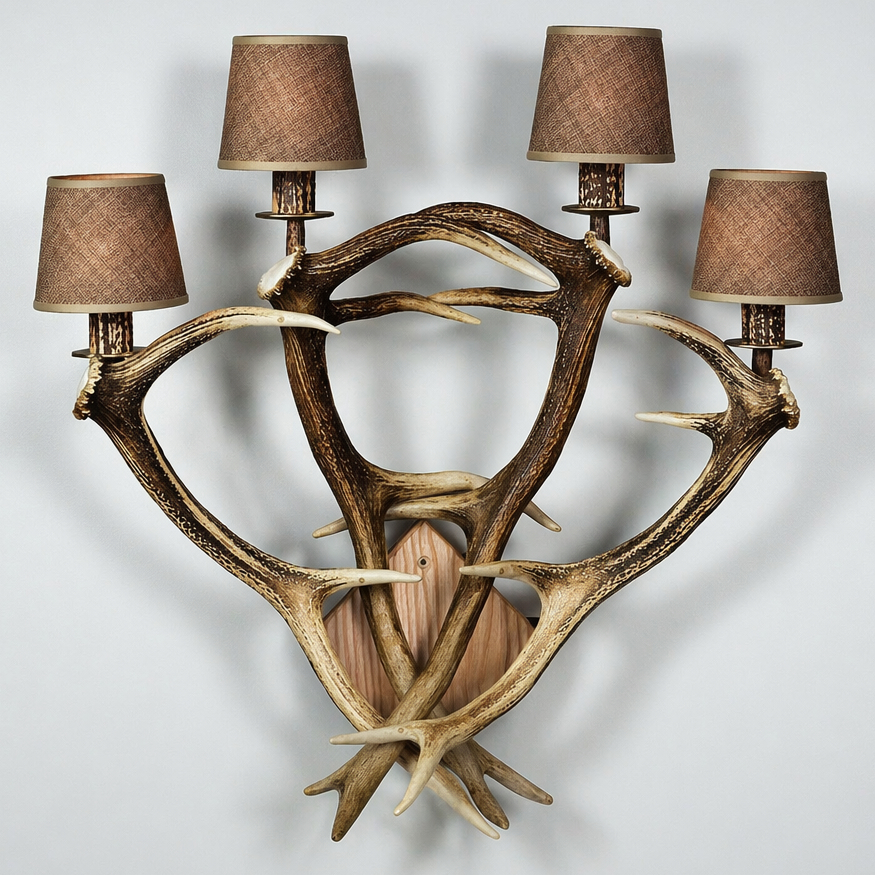 Applique, lampada da parete con vero corno di cervo. 4xE14 65x65cm 153404